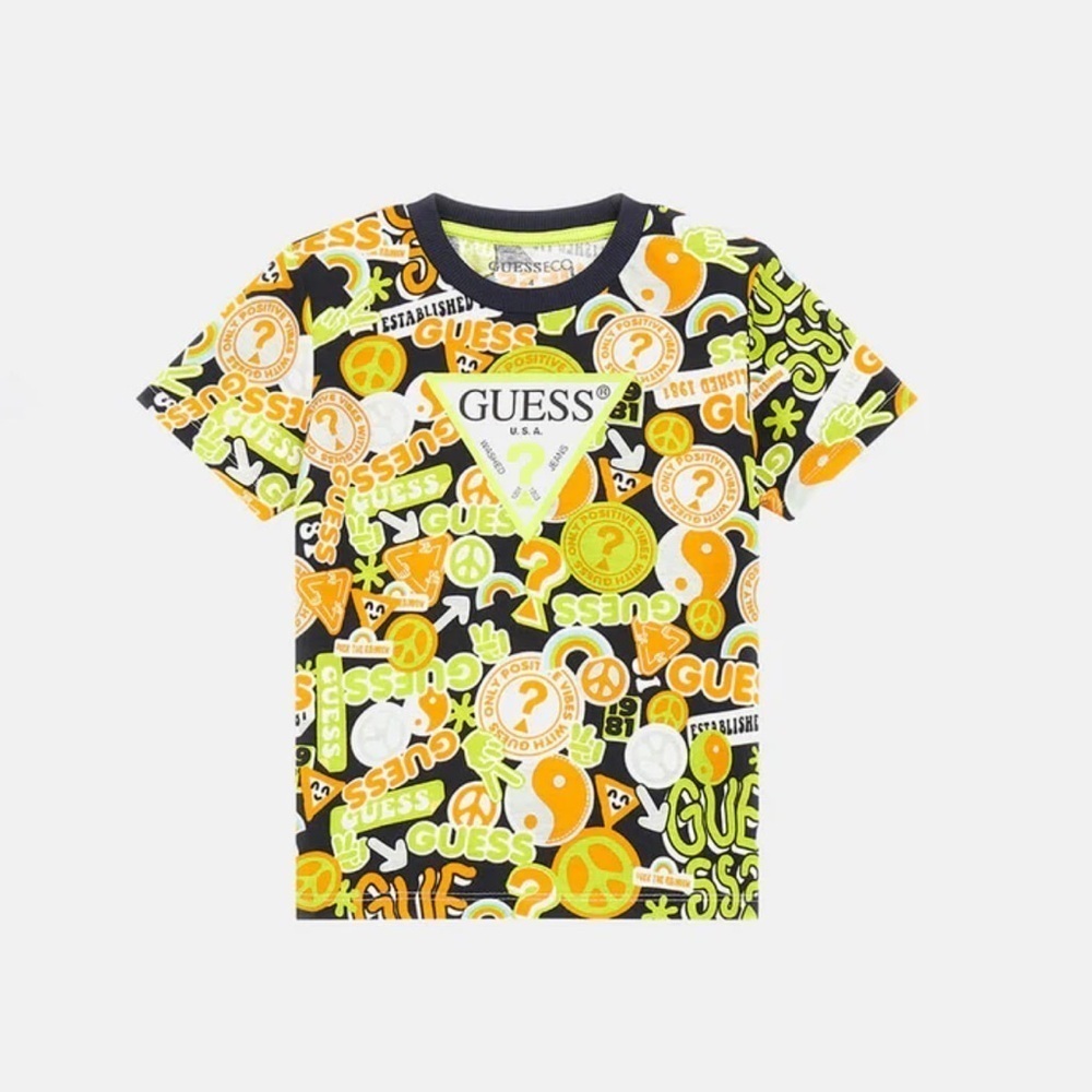 NWT Guess Yellow Multi Short Sleeve T-Shirt Geometric Logo Azure